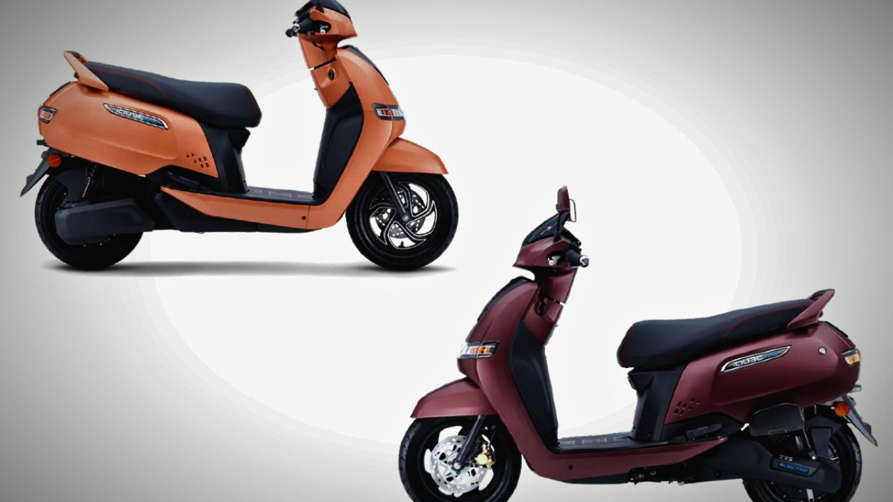 Here is image of Two Electric scooter of TVS iQube in different colour